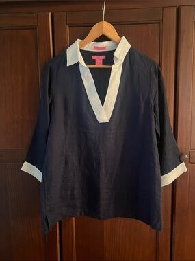 Isaac Mizrahi 100% Linen Navy Blue Tunic White Collar M